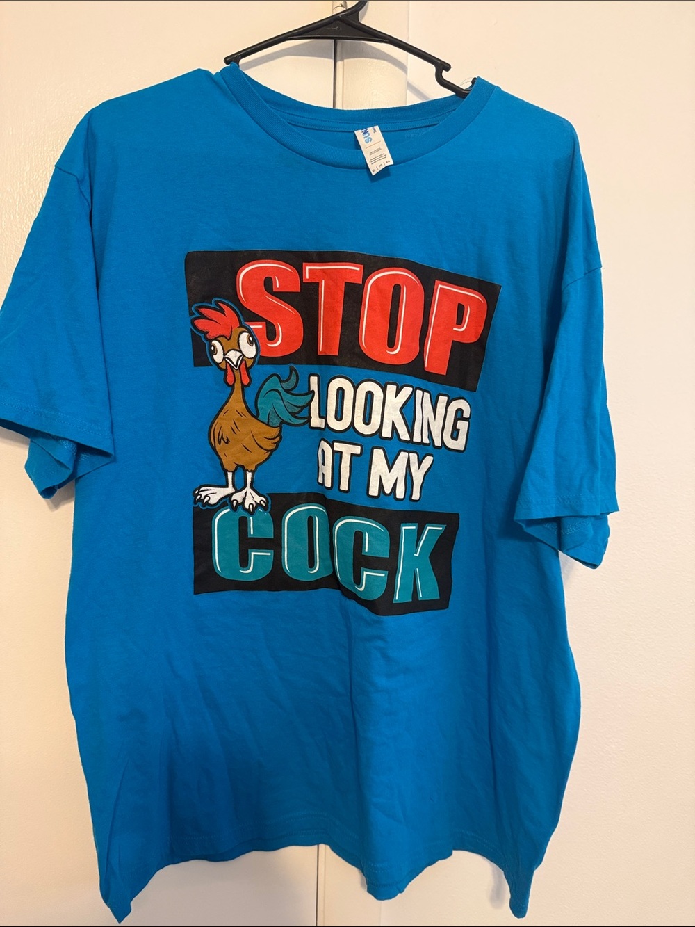 Men's Bright Blue Short-Sleeve Graphic Tee with Rooster Novelty Print